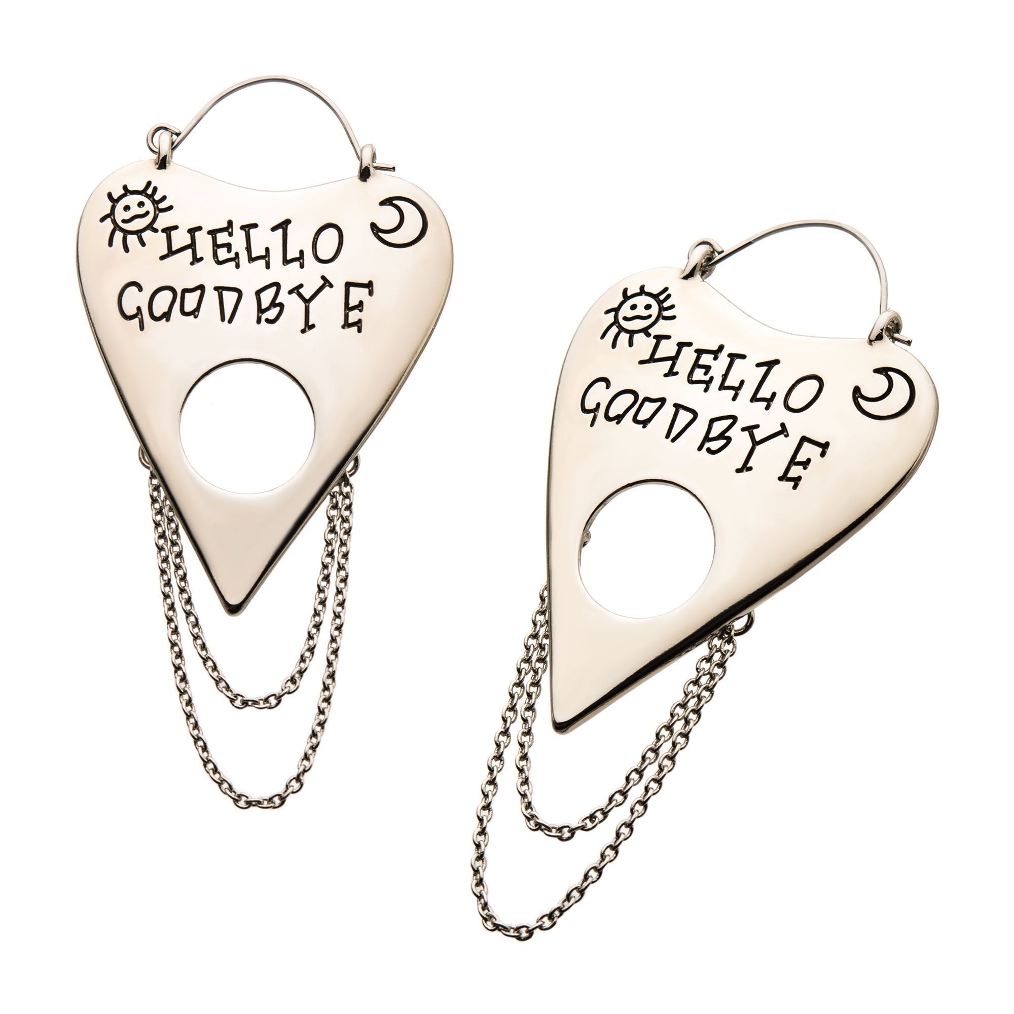 Tapers - Hanging Shiny Finish Steel Hello Goodbye Dangle Chains Plug Hoops -Rebel Bod-RebelBod