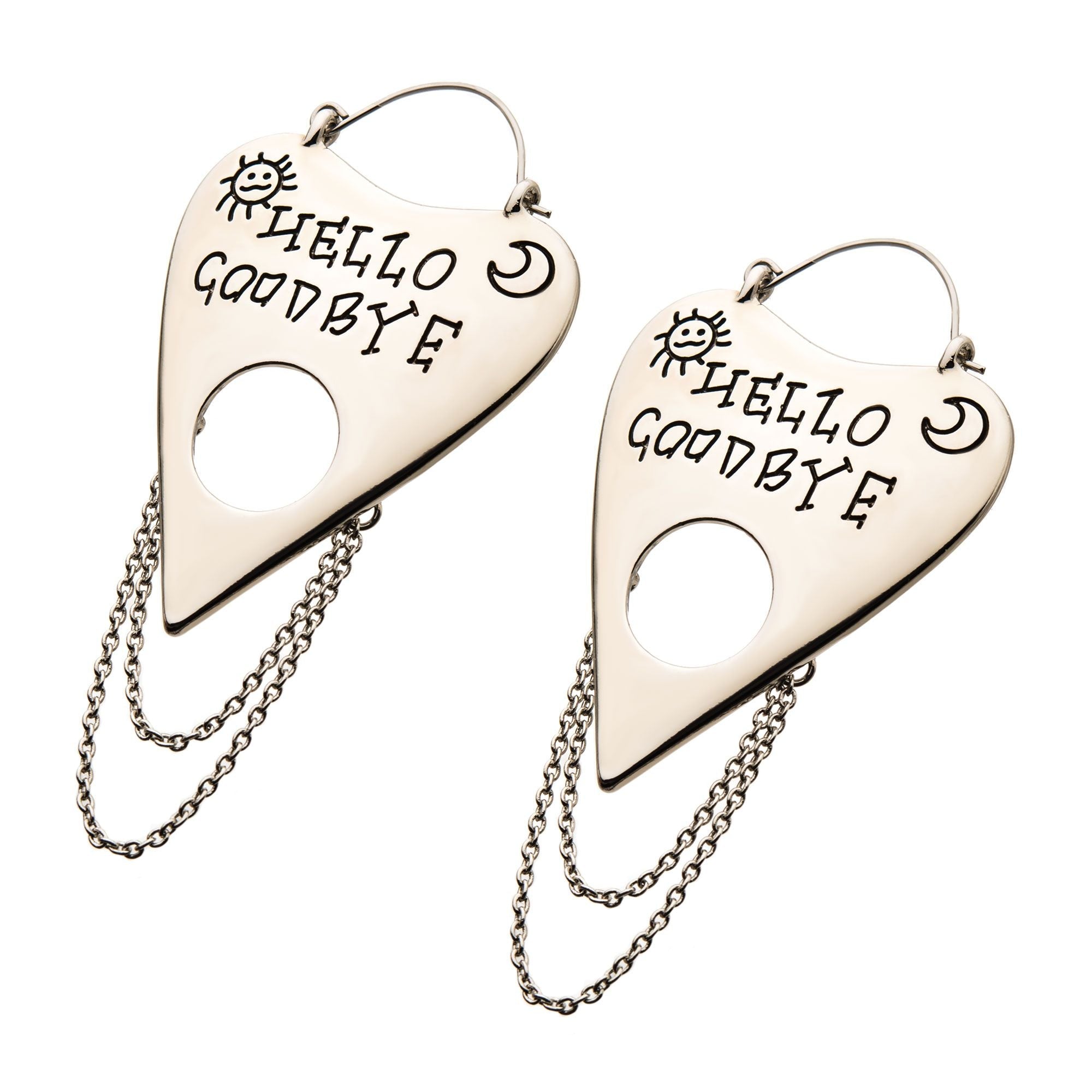 Tapers - Hanging Shiny Finish Steel Hello Goodbye Dangle Chains Plug Hoops -Rebel Bod-RebelBod