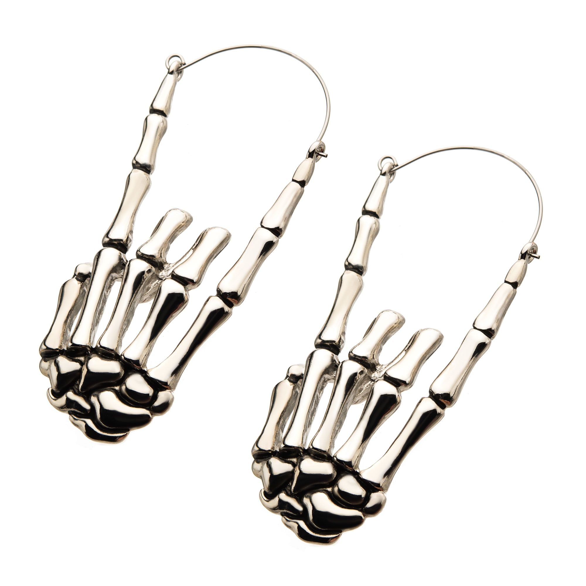 Tapers - Hanging Shiny Finish Steel Skeleton Hand Plug Hoops -Rebel Bod-RebelBod