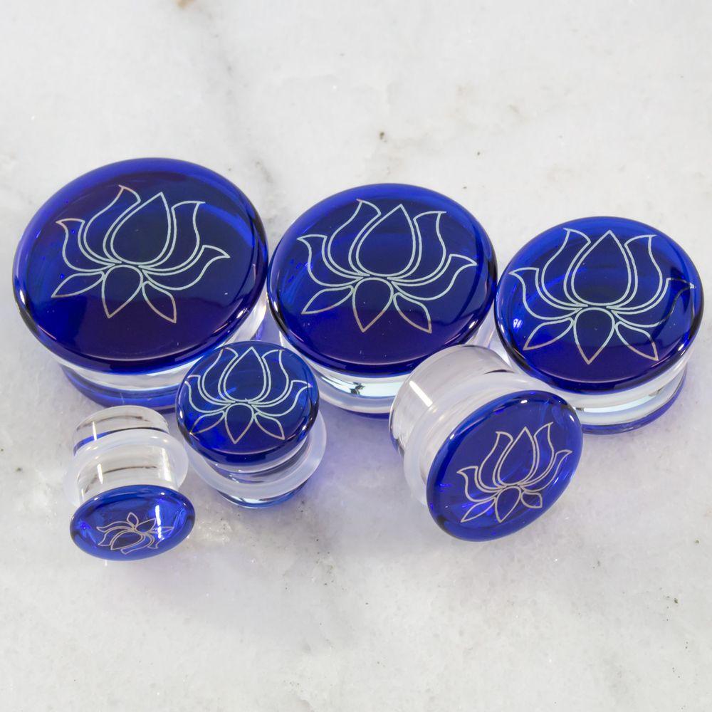 Plugs Earrings - Double Flare Silver Blue Lotus Glass Plugs - 1 Pair -Rebel Bod-RebelBod