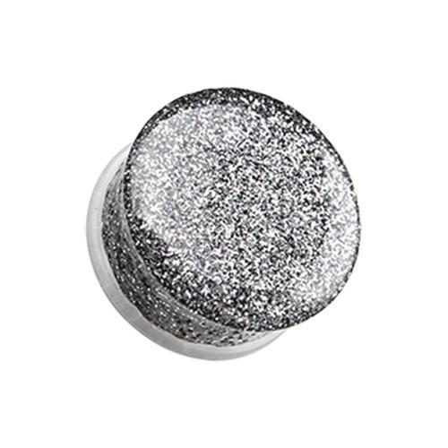 Silver Glitter Shimmer Single Flared Ear Gauge Plug - 1 Pair