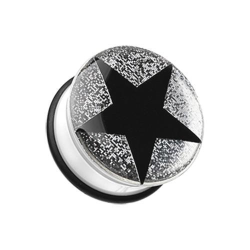 Silver Star Glitter Single Flared Ear Gauge Plug - 1 Pair