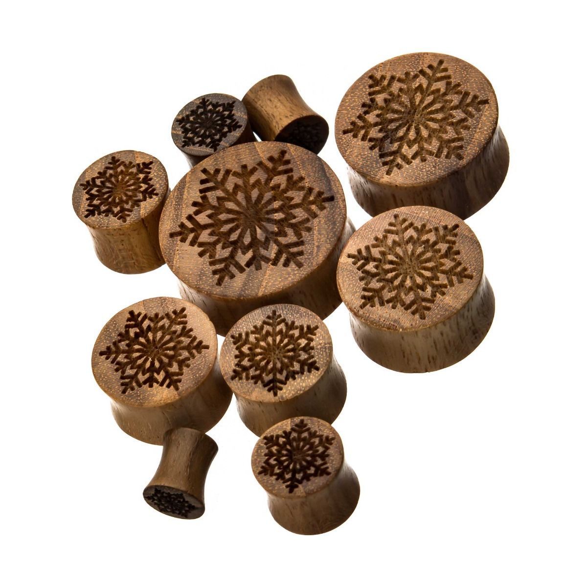 Snowflake Teak Wood Double Flared Ear Gauge Plugs - 1 Pair