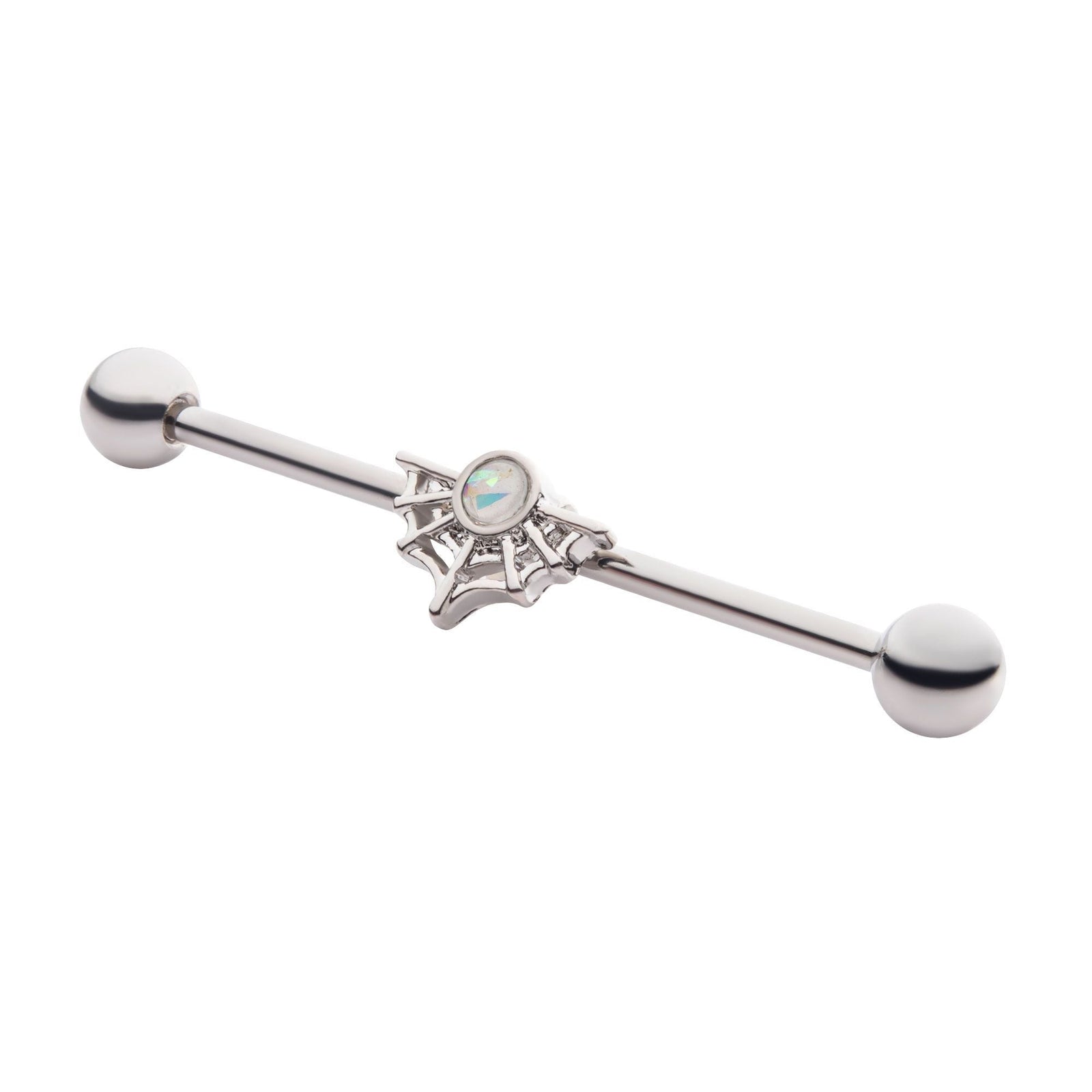 Indistrial Barbell Spider Web Glitter Faux White Opal Industrial Barbell -Rebel Bod-RebelBod
