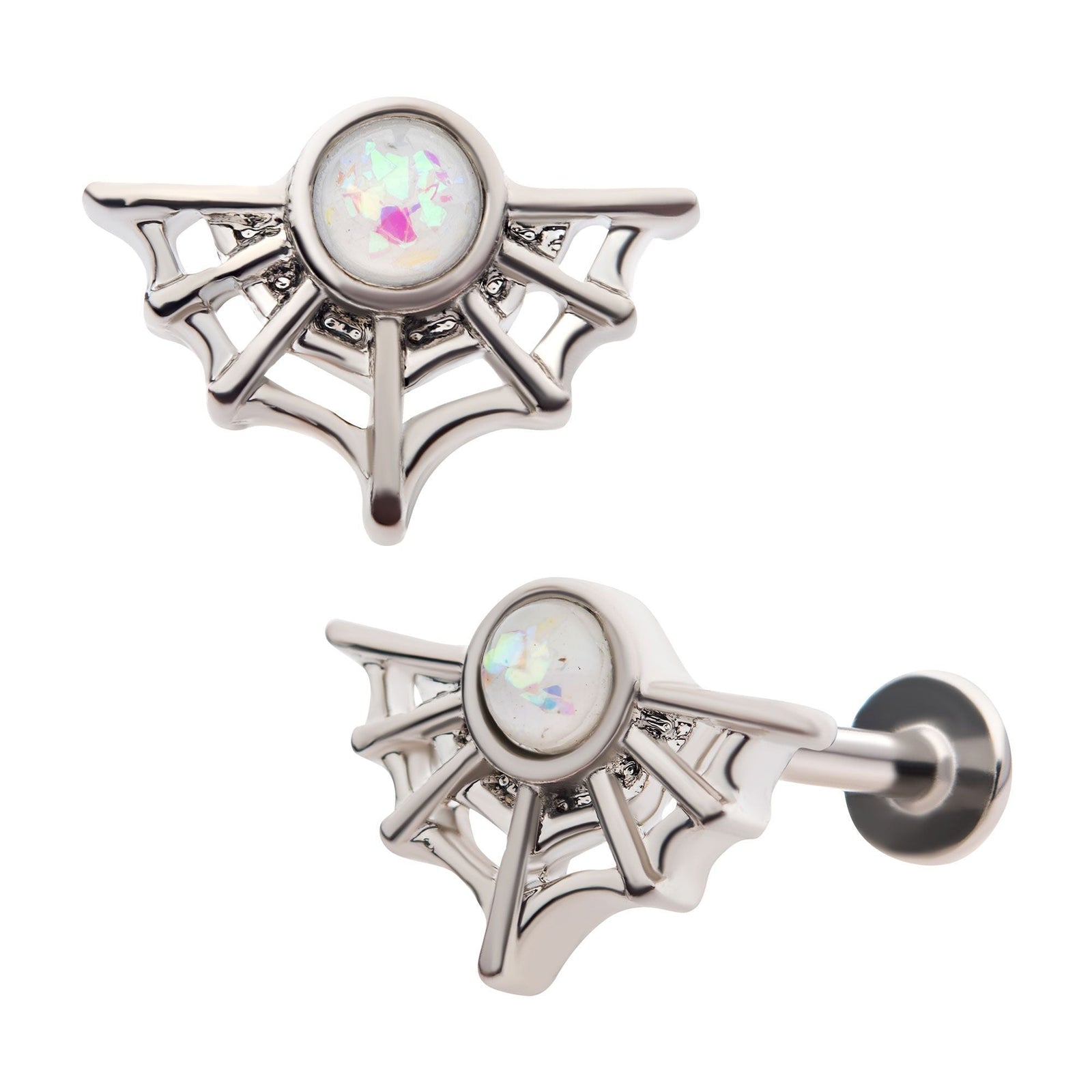 Labret Studs Spider Web Glitter Faux White Opal Labret -Rebel Bod-RebelBod