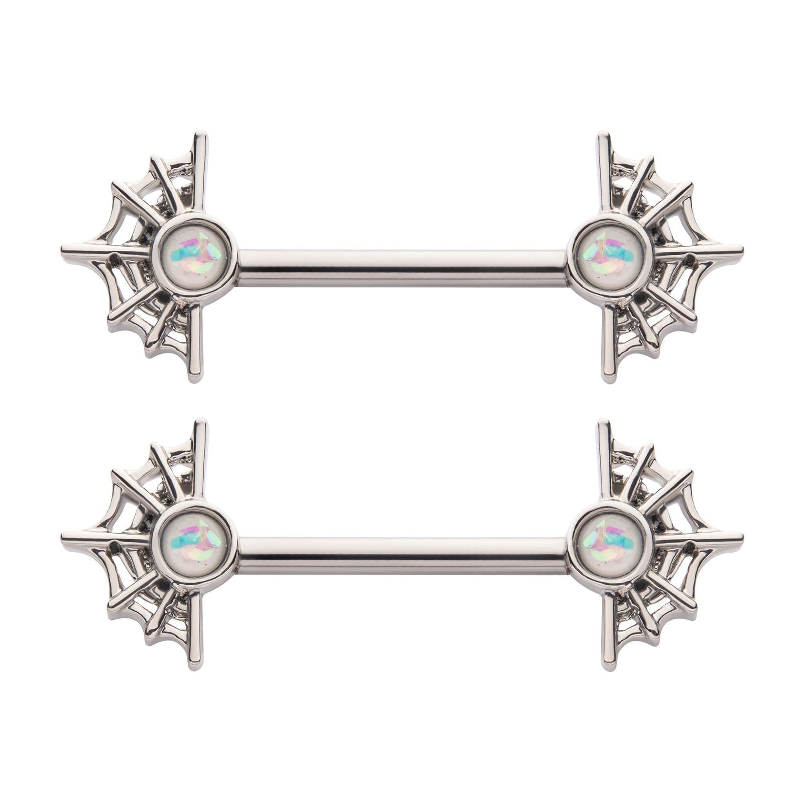 Nipple Spider Web Glitter Faux White Opal Nipple Barbell -Rebel Bod-RebelBod