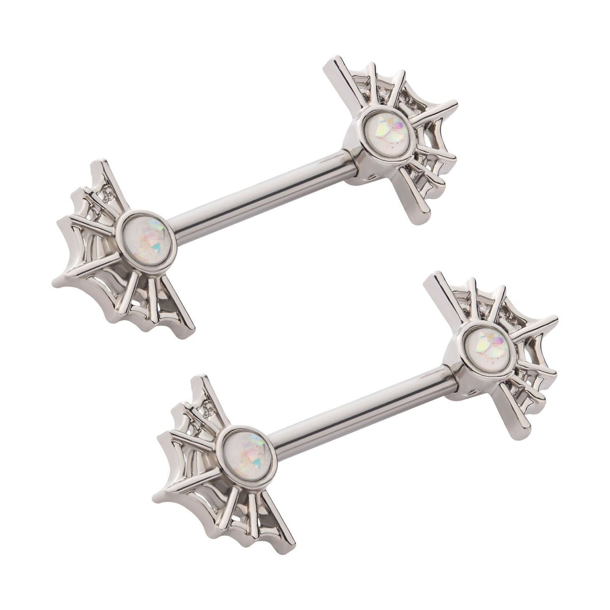 Nipple Spider Web Glitter Faux White Opal Nipple Barbell -Rebel Bod-RebelBod