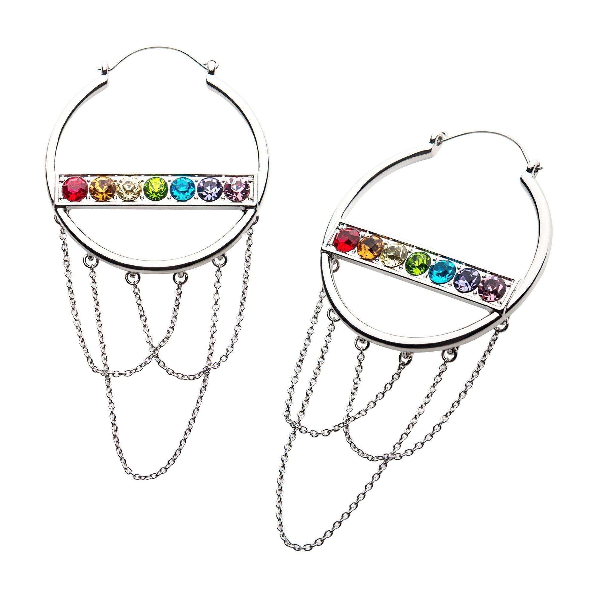 Tapers - Hanging Stainless Steel 6mm Rainbow CZ Silver Plated Bar Dangling Chains Plug Hoops -Rebel Bod-RebelBod