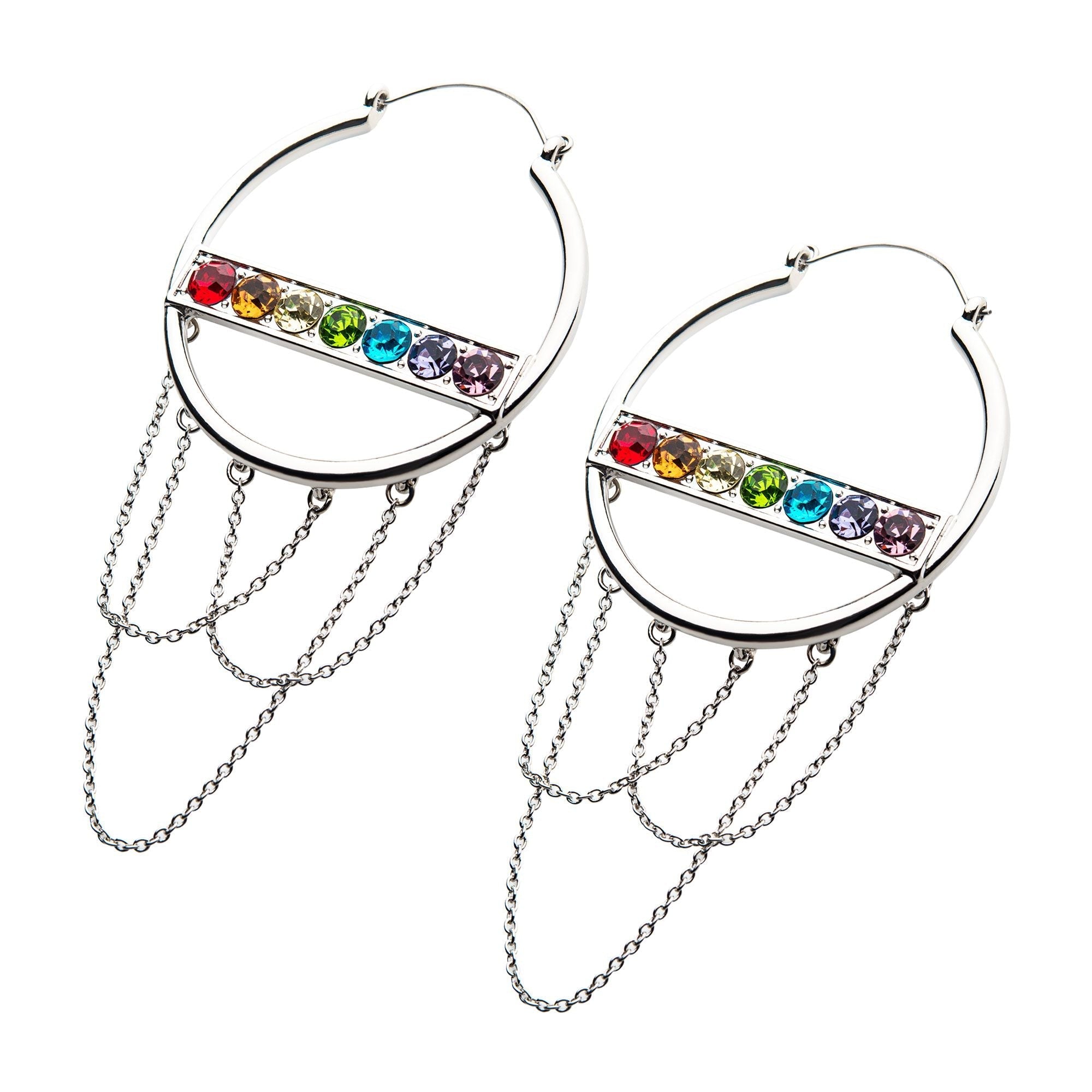 Tapers - Hanging Stainless Steel 6mm Rainbow CZ Silver Plated Bar Dangling Chains Plug Hoops -Rebel Bod-RebelBod