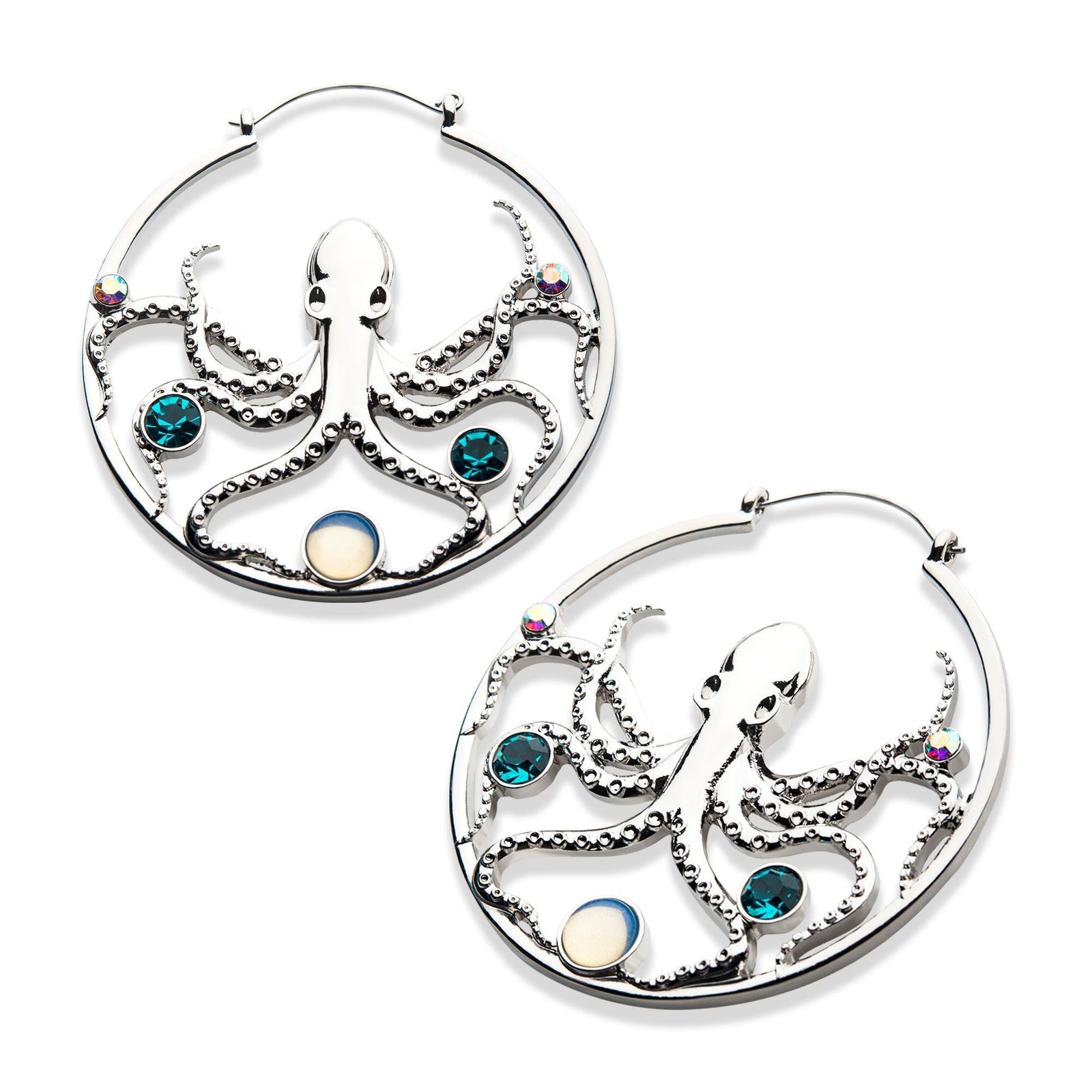 Tapers - Hanging Stainless Steel Aurora Borealis Blue Zircon White Opalite Silver Plated Octopus Plug Hoops -Rebel Bod-RebelBod