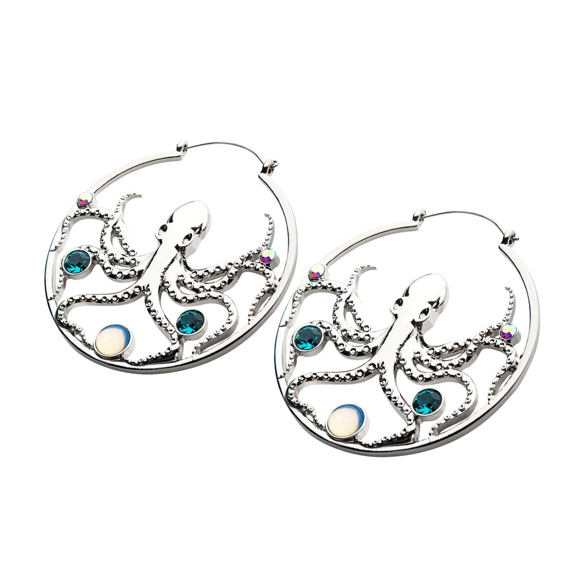 Tapers - Hanging Stainless Steel Aurora Borealis Blue Zircon White Opalite Silver Plated Octopus Plug Hoops -Rebel Bod-RebelBod