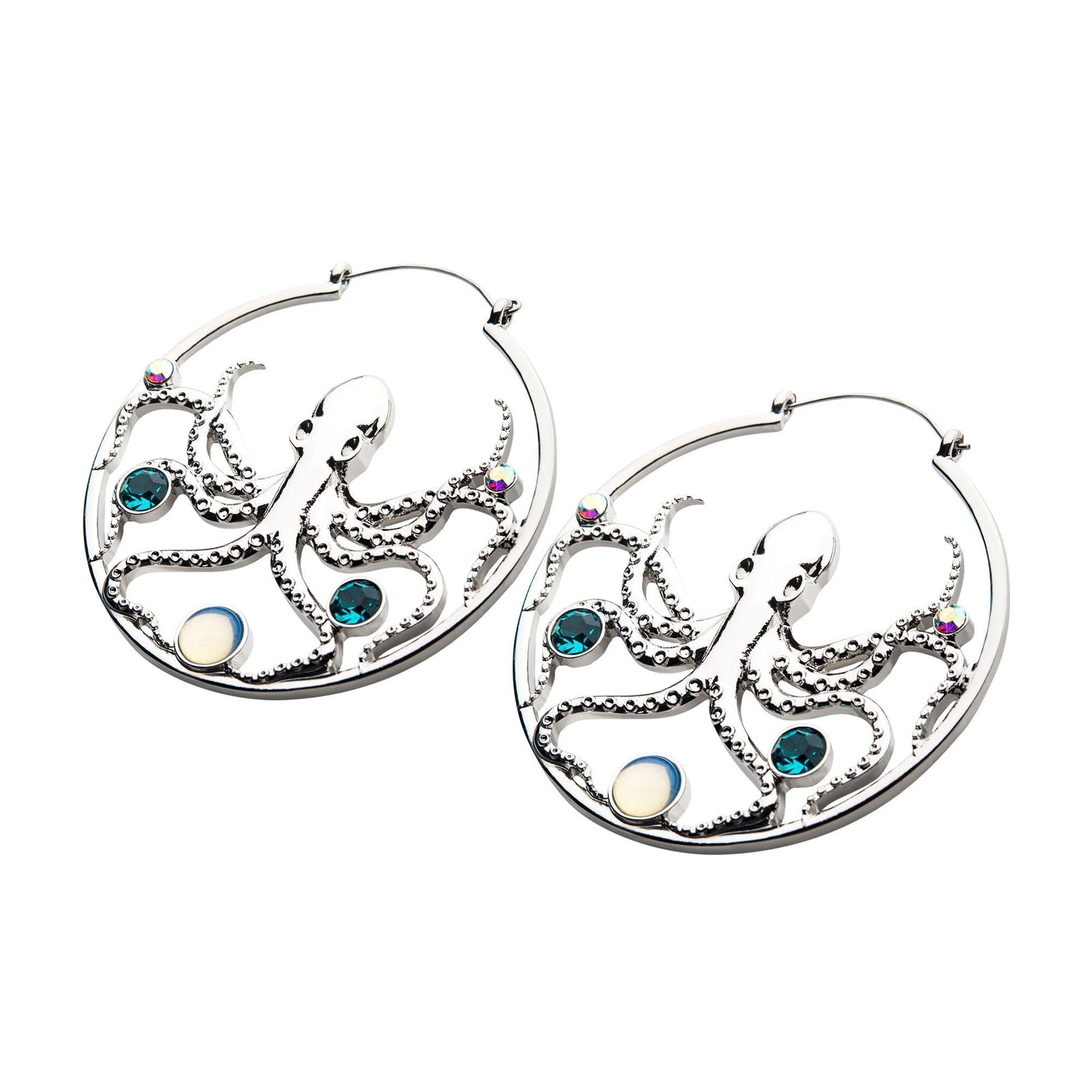 Tapers - Hanging Stainless Steel Aurora Borealis Blue Zircon White Opalite Silver Plated Octopus Plug Hoops -Rebel Bod-RebelBod