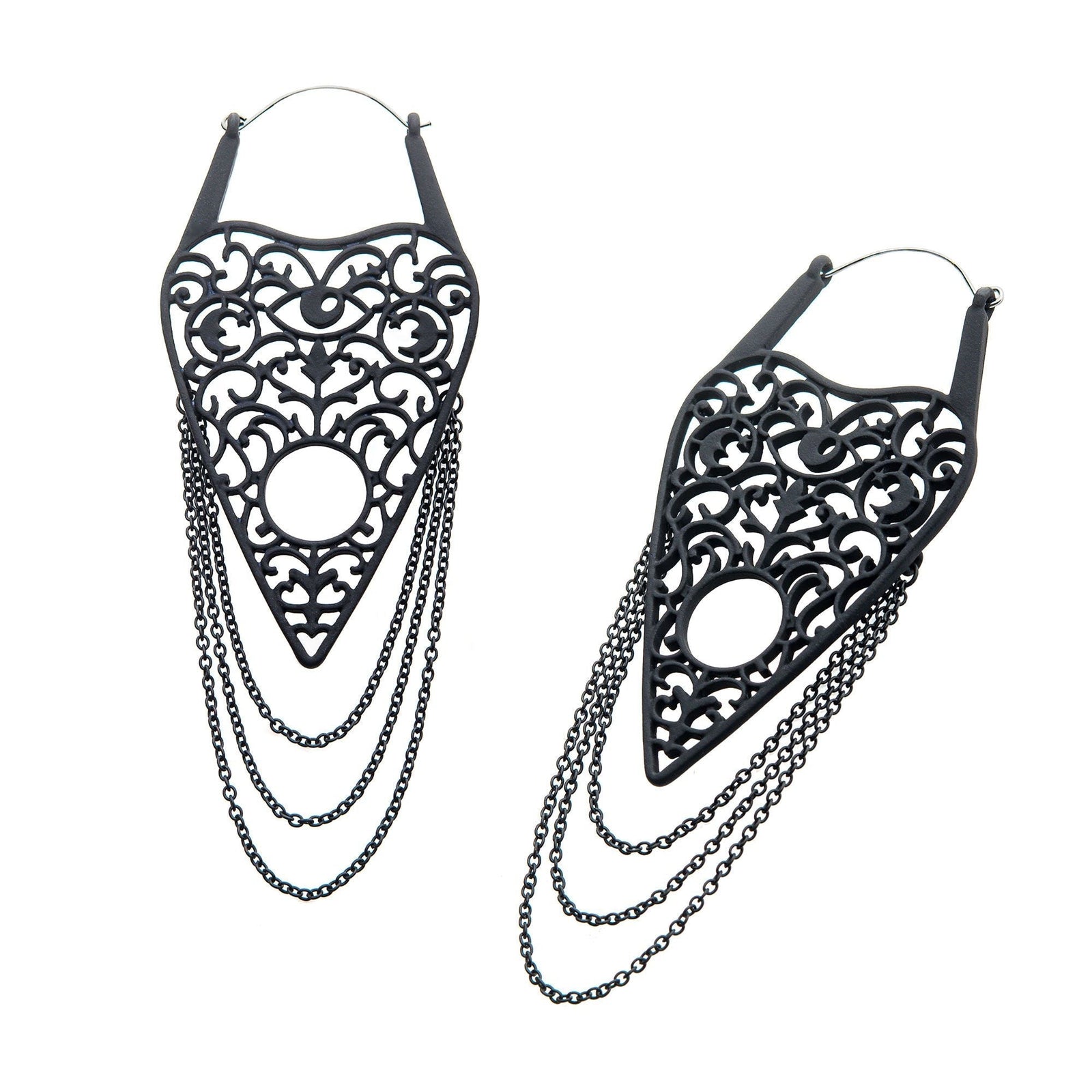 Tapers - Hanging Stainless Steel Matte Black Finish Cut Out Planchette Dangling Chains Plug Hoops -Rebel Bod-RebelBod