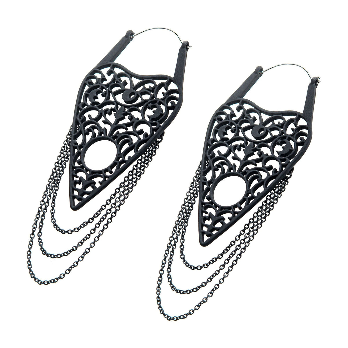 Tapers - Hanging Stainless Steel Matte Black Finish Cut Out Planchette Dangling Chains Plug Hoops -Rebel Bod-RebelBod