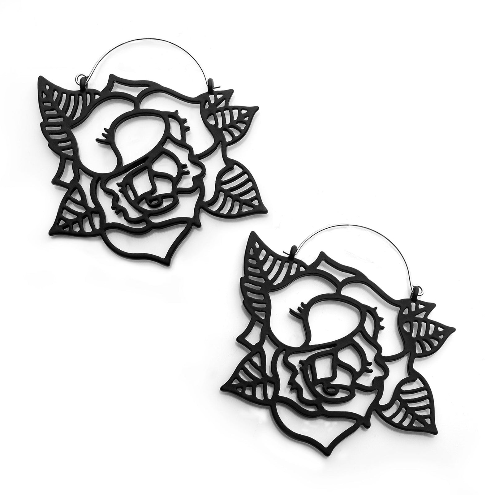 Tapers - Hanging Stainless Steel Matte Black Finish Cut Out Tattoo Rose Plug Hoops -Rebel Bod-RebelBod