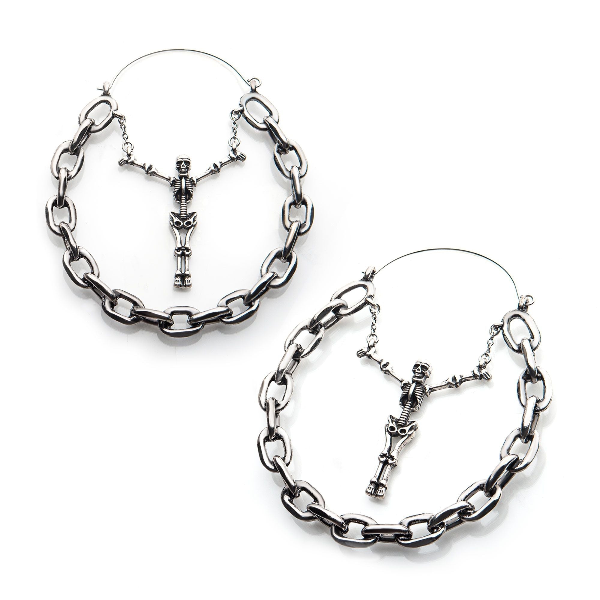 Tapers - Hanging Stainless Steel Silver Plated Centerpiece Skull Big Chain Plug Hoops -Rebel Bod-RebelBod