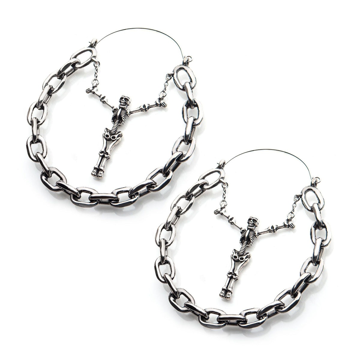 Tapers - Hanging Stainless Steel Silver Plated Centerpiece Skull Big Chain Plug Hoops -Rebel Bod-RebelBod