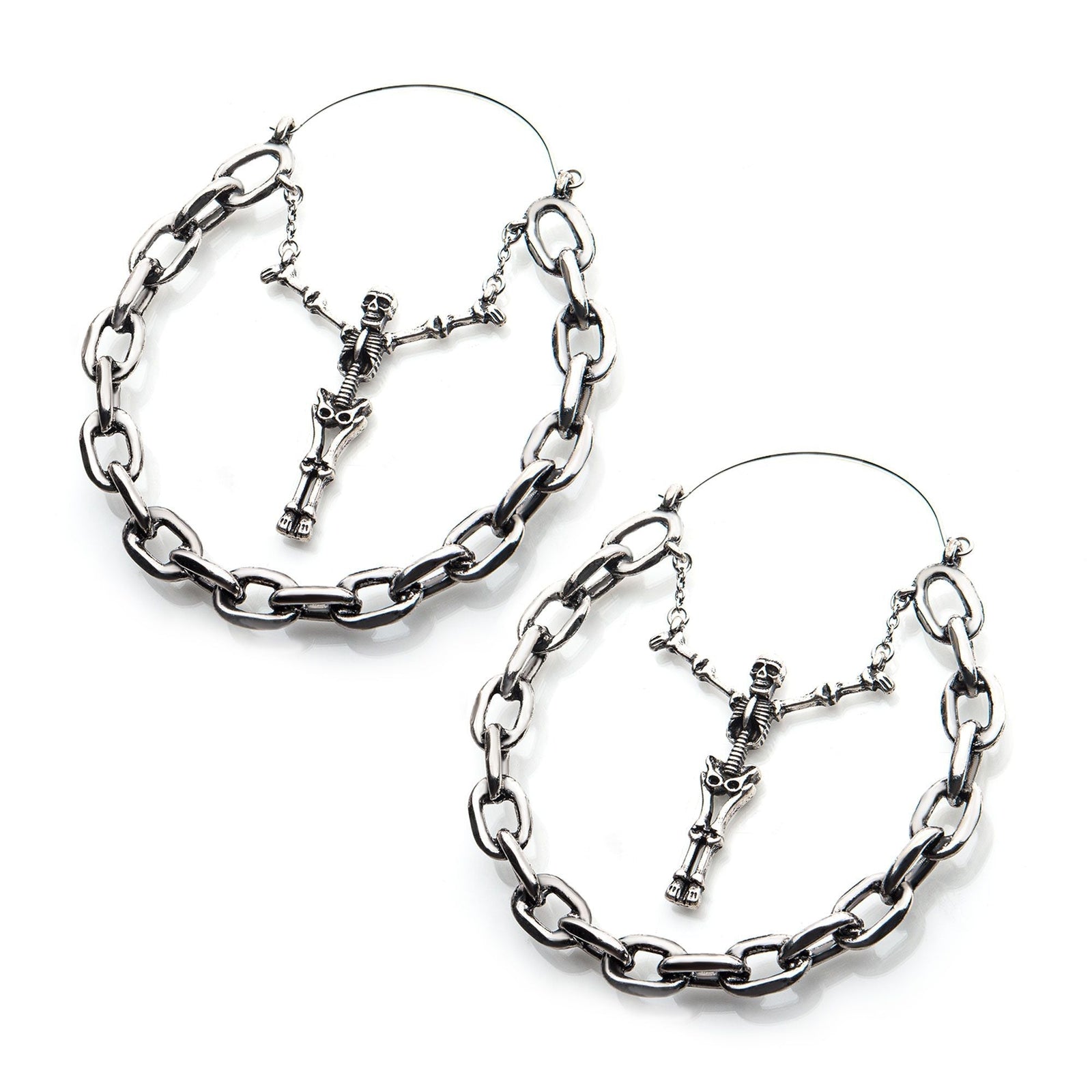 Tapers - Hanging Stainless Steel Silver Plated Centerpiece Skull Big Chain Plug Hoops -Rebel Bod-RebelBod