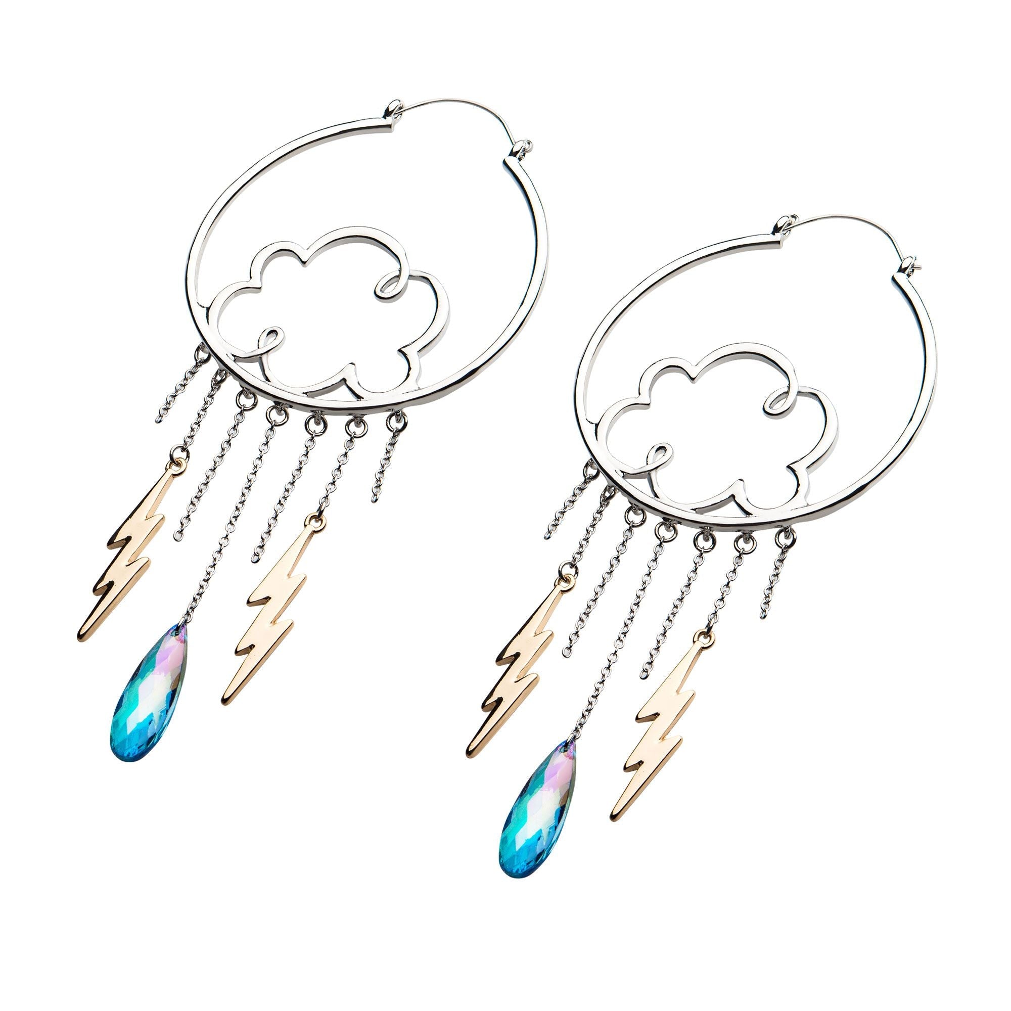 Tapers - Hanging Stainless Steel Silver Plated Clouds Gold Plated Dangling Lightning Bolt Plug Hoops -Rebel Bod-RebelBod