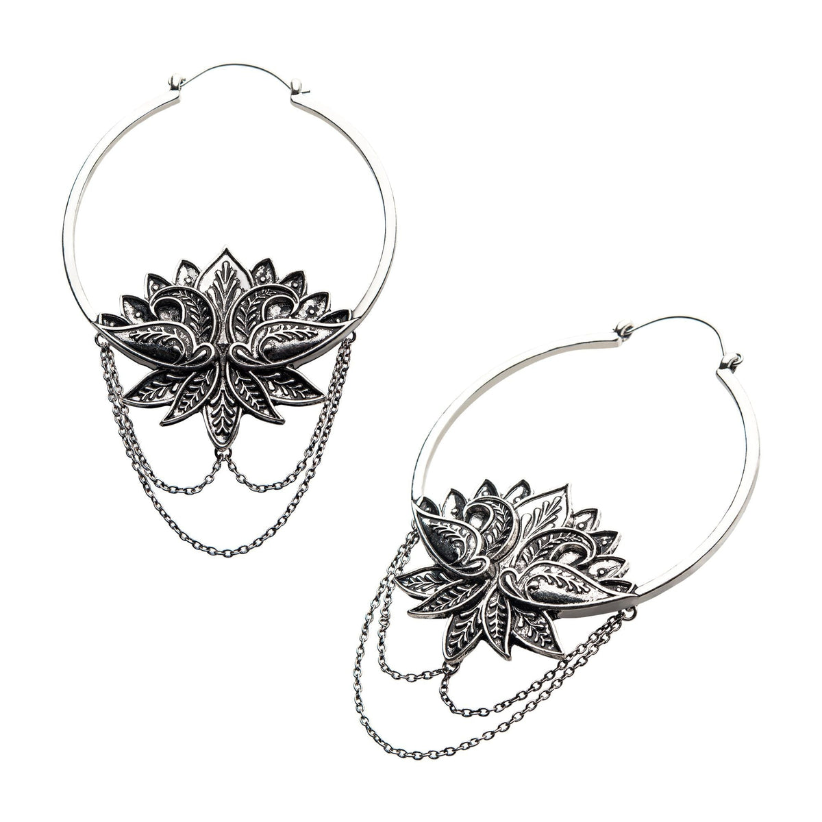 Tapers - Hanging Stainless Steel Silver Plated Lotus Dangling Chains Plug Hoops -Rebel Bod-RebelBod