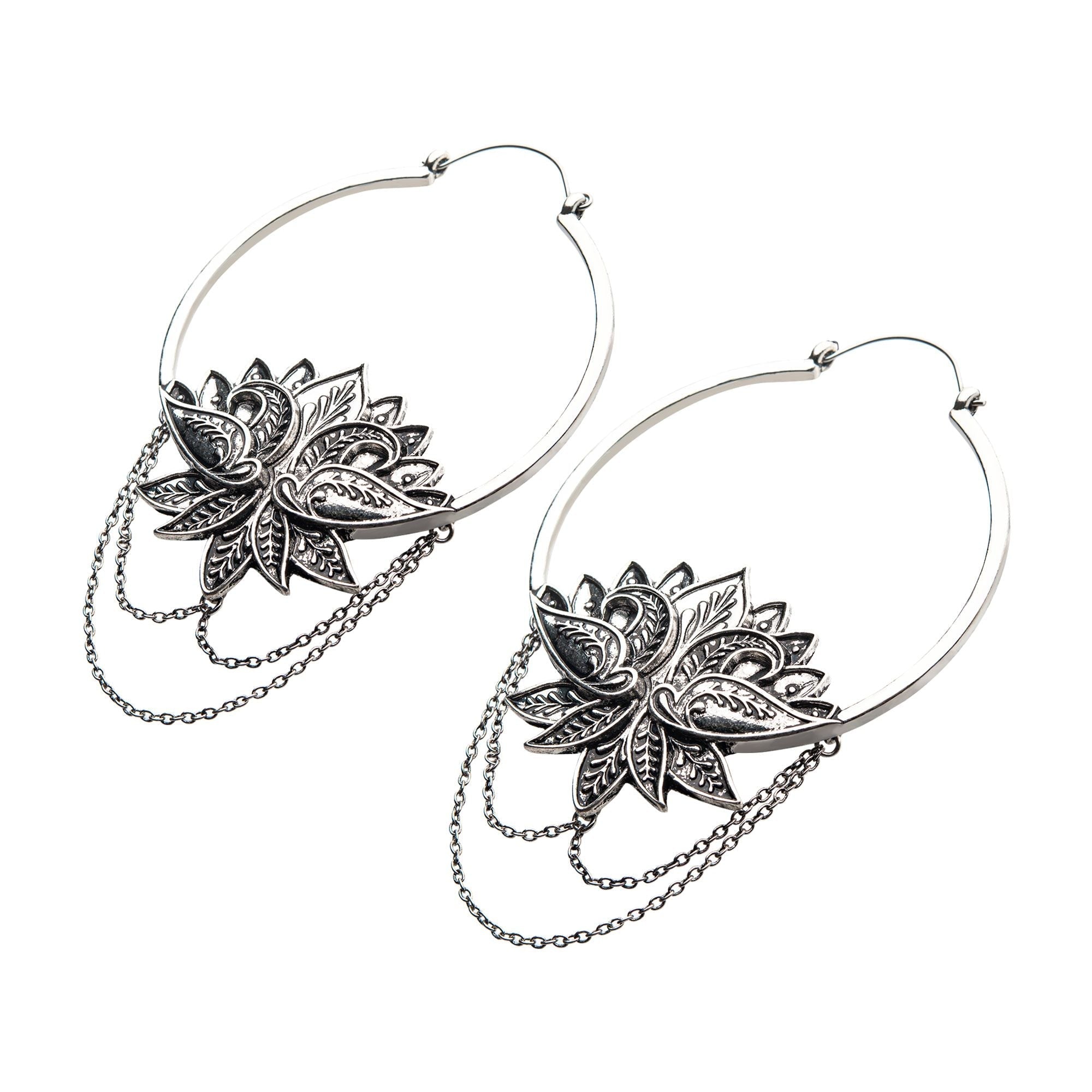 Tapers - Hanging Stainless Steel Silver Plated Lotus Dangling Chains Plug Hoops -Rebel Bod-RebelBod