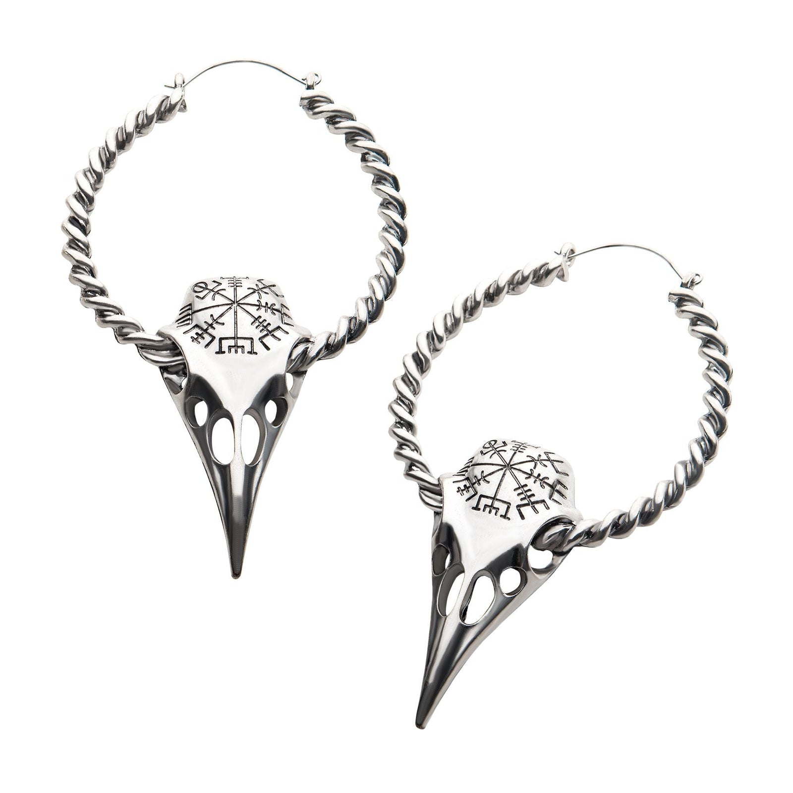 Tapers - Hanging Stainless Steel Silver Plated Raven Skull Plug Hoops -Rebel Bod-RebelBod