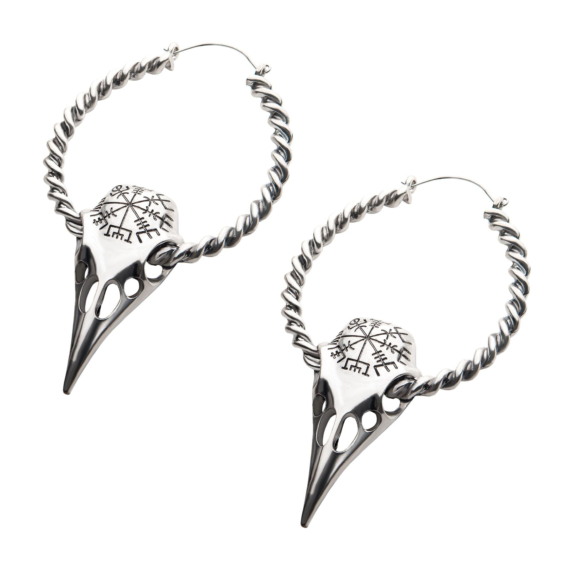 Tapers - Hanging Stainless Steel Silver Plated Raven Skull Plug Hoops -Rebel Bod-RebelBod