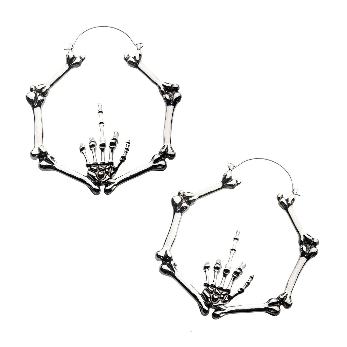 Tapers - Hanging Stainless Steel Silver Plated Skeleton Hand Bones Plug Hoops -Rebel Bod-RebelBod