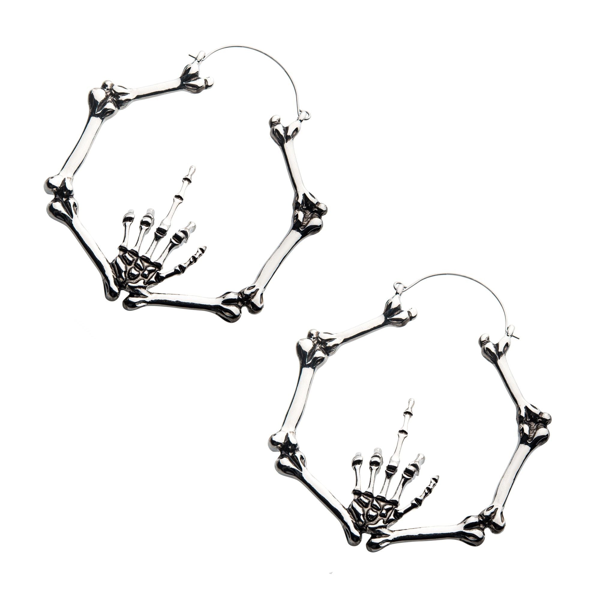 Tapers - Hanging Stainless Steel Silver Plated Skeleton Hand Bones Plug Hoops -Rebel Bod-RebelBod