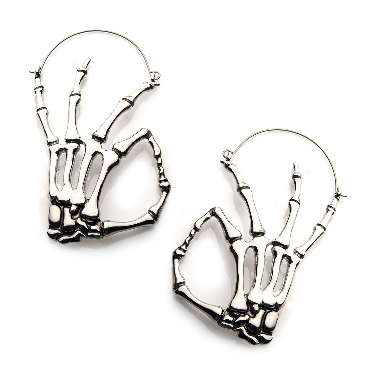 Tapers - Hanging Stainless Steel Silver Plated Skeleton Hand Plug Hoops -Rebel Bod-RebelBod