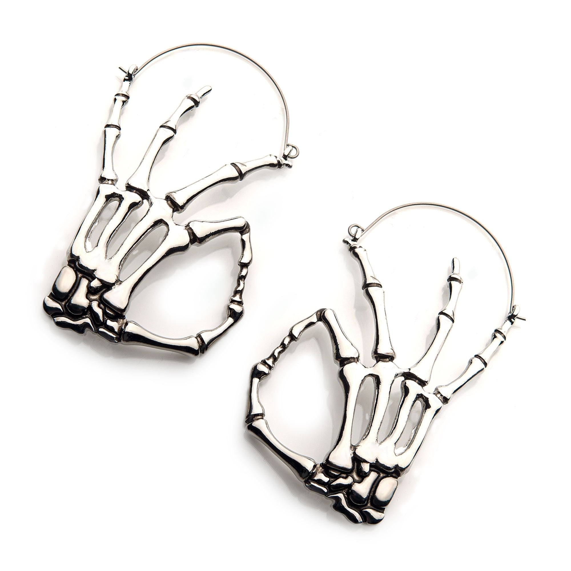 Tapers - Hanging Stainless Steel Silver Plated Skeleton Hand Plug Hoops -Rebel Bod-RebelBod
