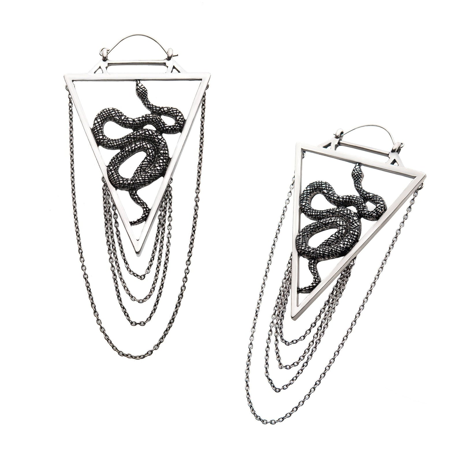 Tapers - Hanging Stainless Steel Silver Plated Snake Dangling Chains Plug Hoops -Rebel Bod-RebelBod
