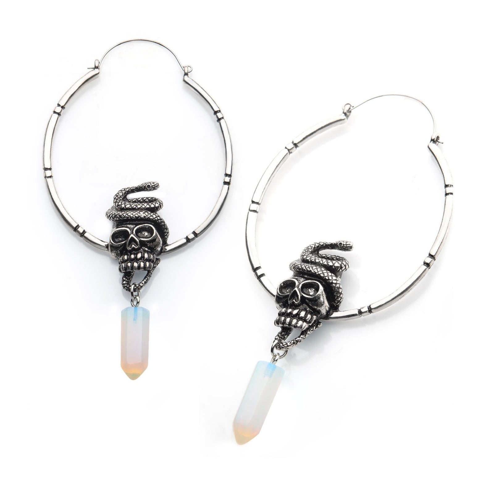 Tapers - Hanging Stainless Steel Silver Plated Snake Skull Plug Hoops -Rebel Bod-RebelBod
