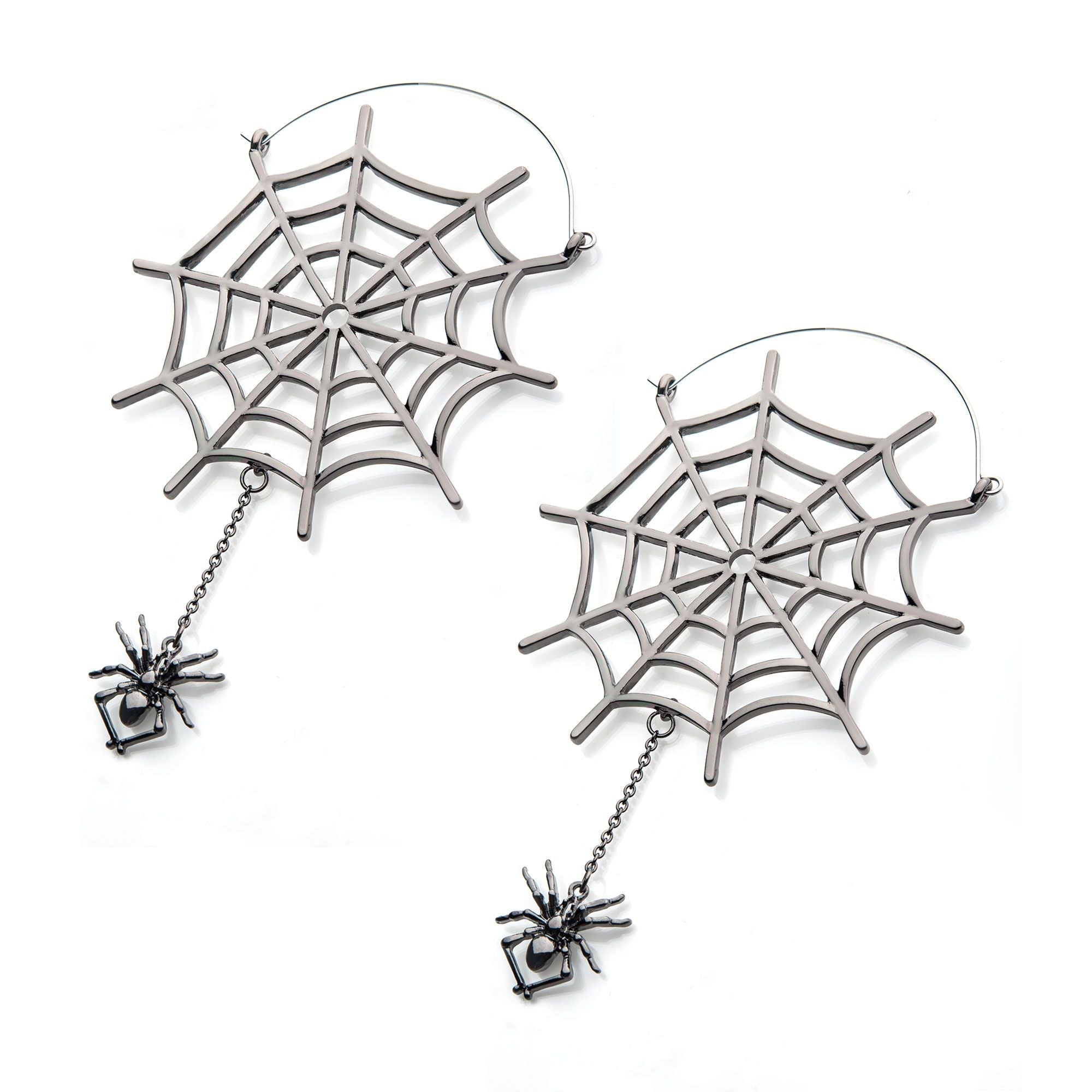 Tapers - Hanging Stainless Steel Silver Plated Spider Web Dangling Spider Plug Hoops -Rebel Bod-RebelBod