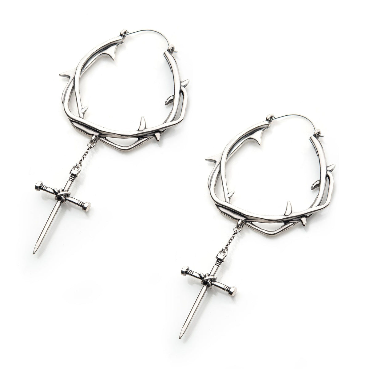 Tapers - Hanging Stainless Steel Silver Plated Vine Dangling Cross Plug Hoops -Rebel Bod-RebelBod