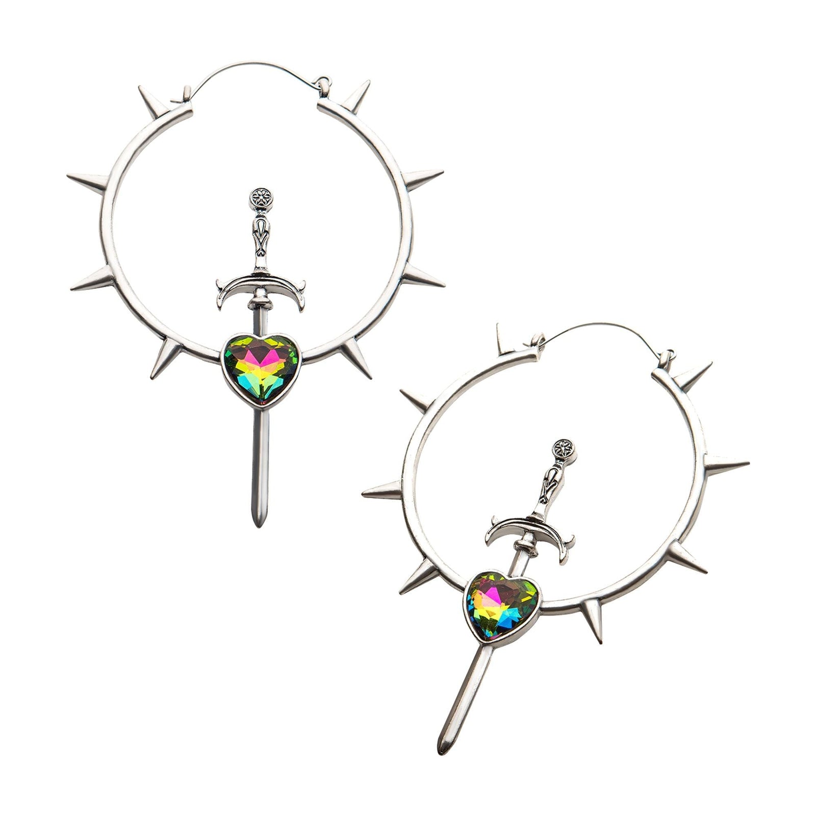 Tapers - Hanging Stainless Steel Vitrail Medium CZ Silver Plated Spike Sword Plug Hoops -Rebel Bod-RebelBod