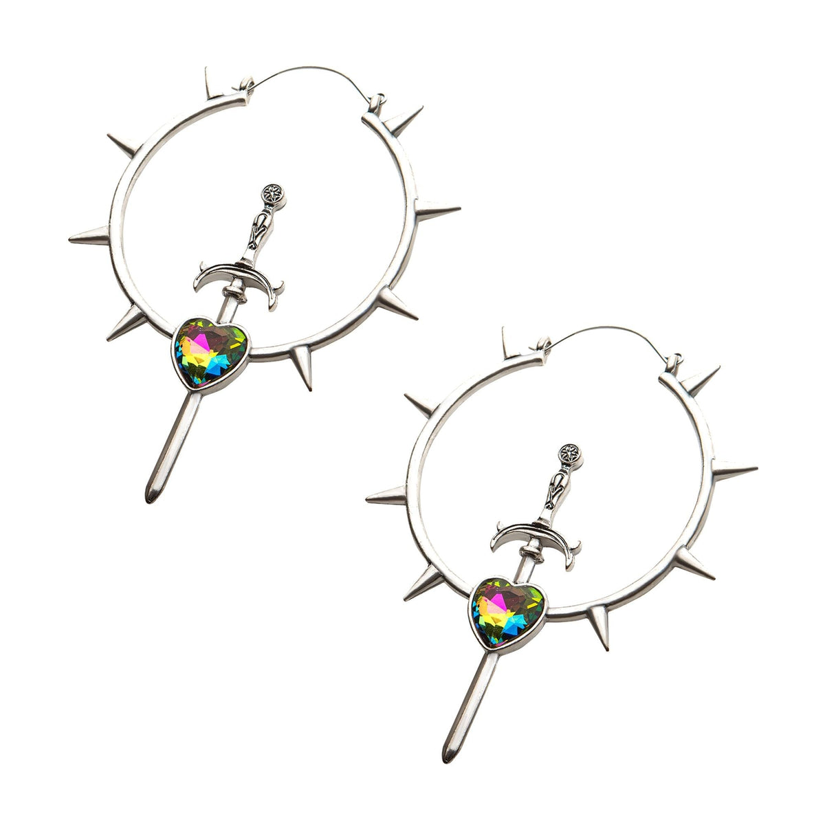 Tapers - Hanging Stainless Steel Vitrail Medium CZ Silver Plated Spike Sword Plug Hoops -Rebel Bod-RebelBod