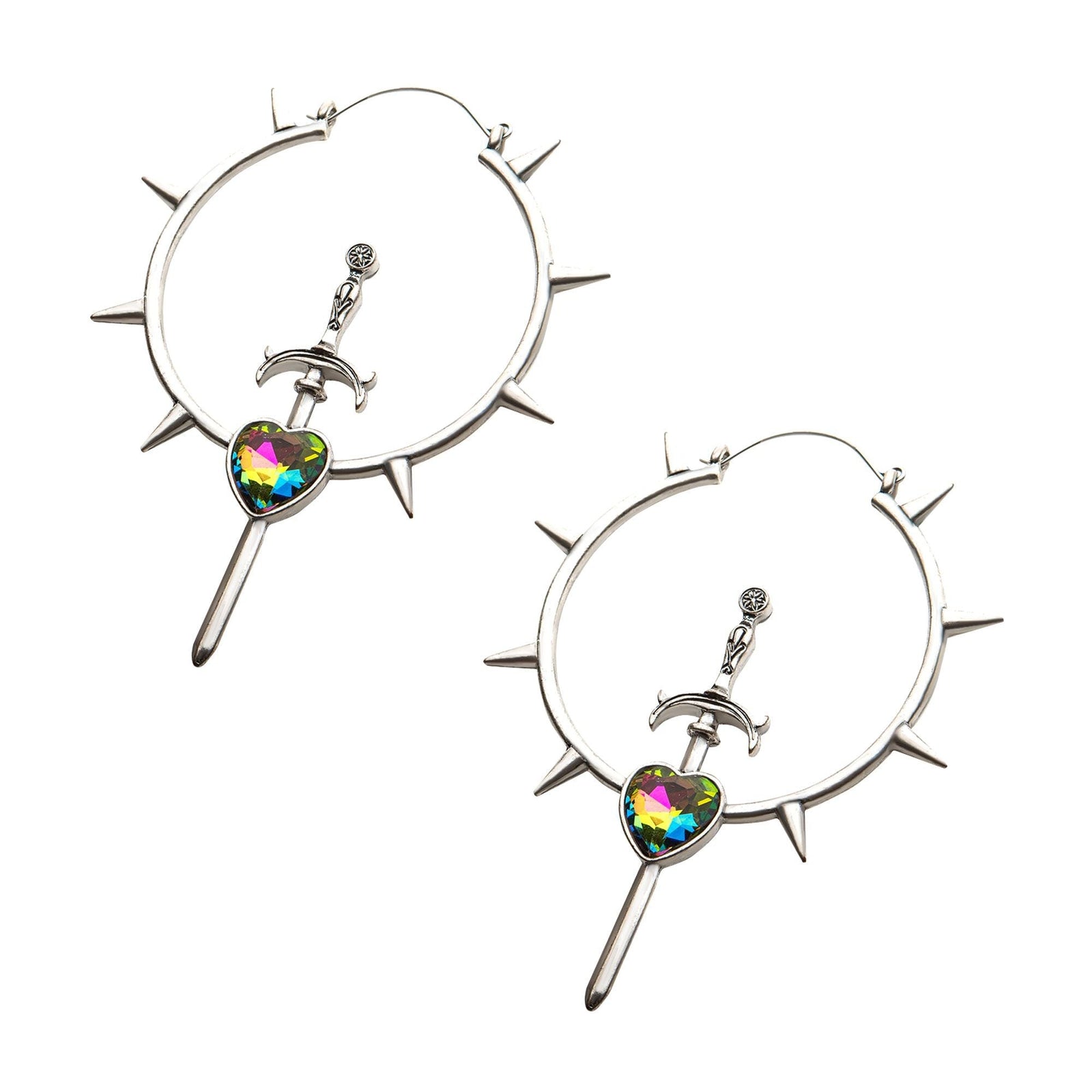 Tapers - Hanging Stainless Steel Vitrail Medium CZ Silver Plated Spike Sword Plug Hoops -Rebel Bod-RebelBod