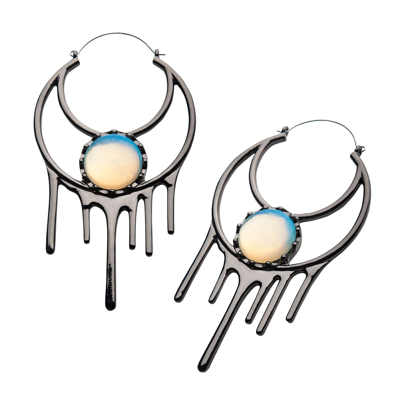 Tapers - Hanging Stainless Steel White Opalite Matte Black Finish Cut Out Moon Dripping Effect Plug Hoops -Rebel Bod-RebelBod