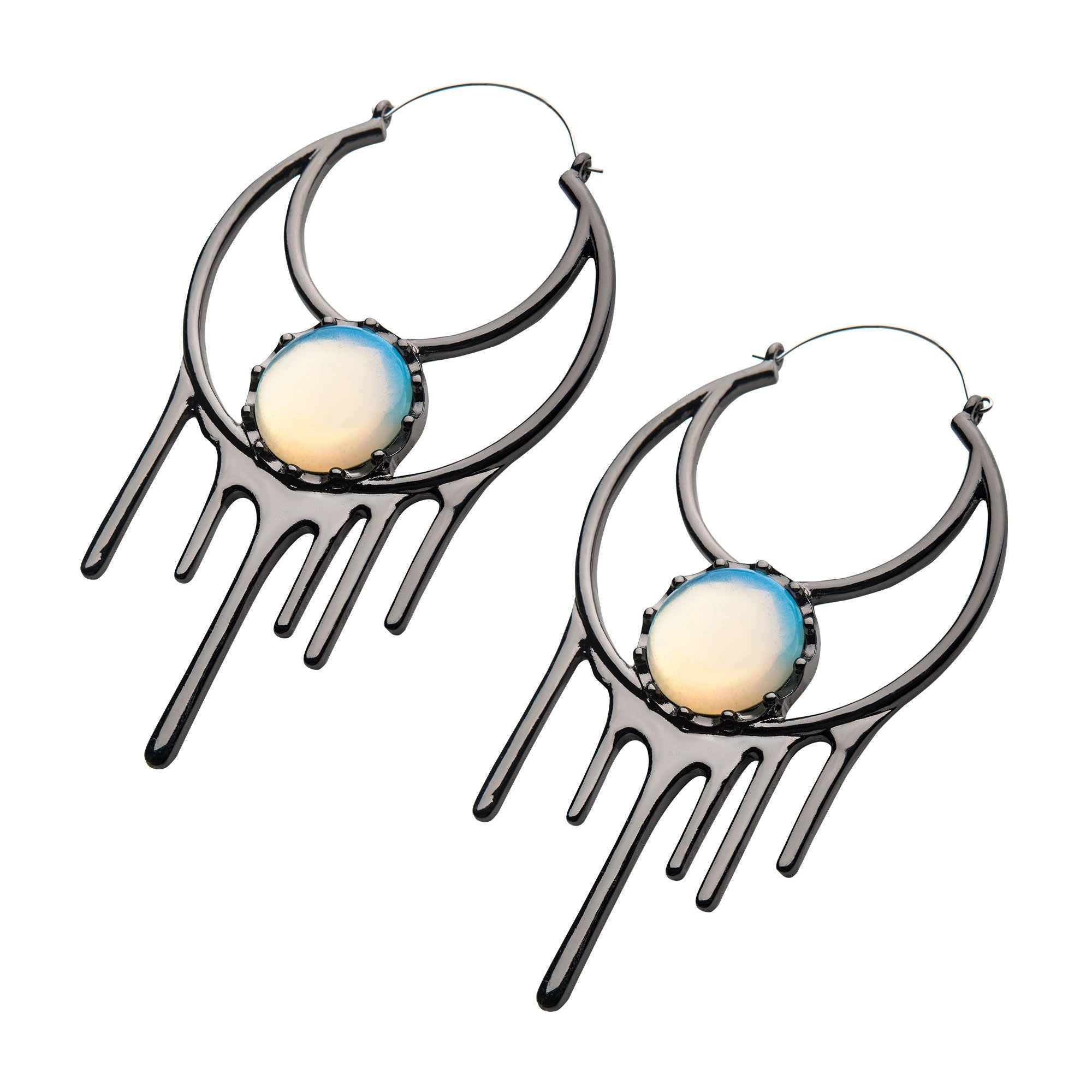 Tapers - Hanging Stainless Steel White Opalite Matte Black Finish Cut Out Moon Dripping Effect Plug Hoops -Rebel Bod-RebelBod