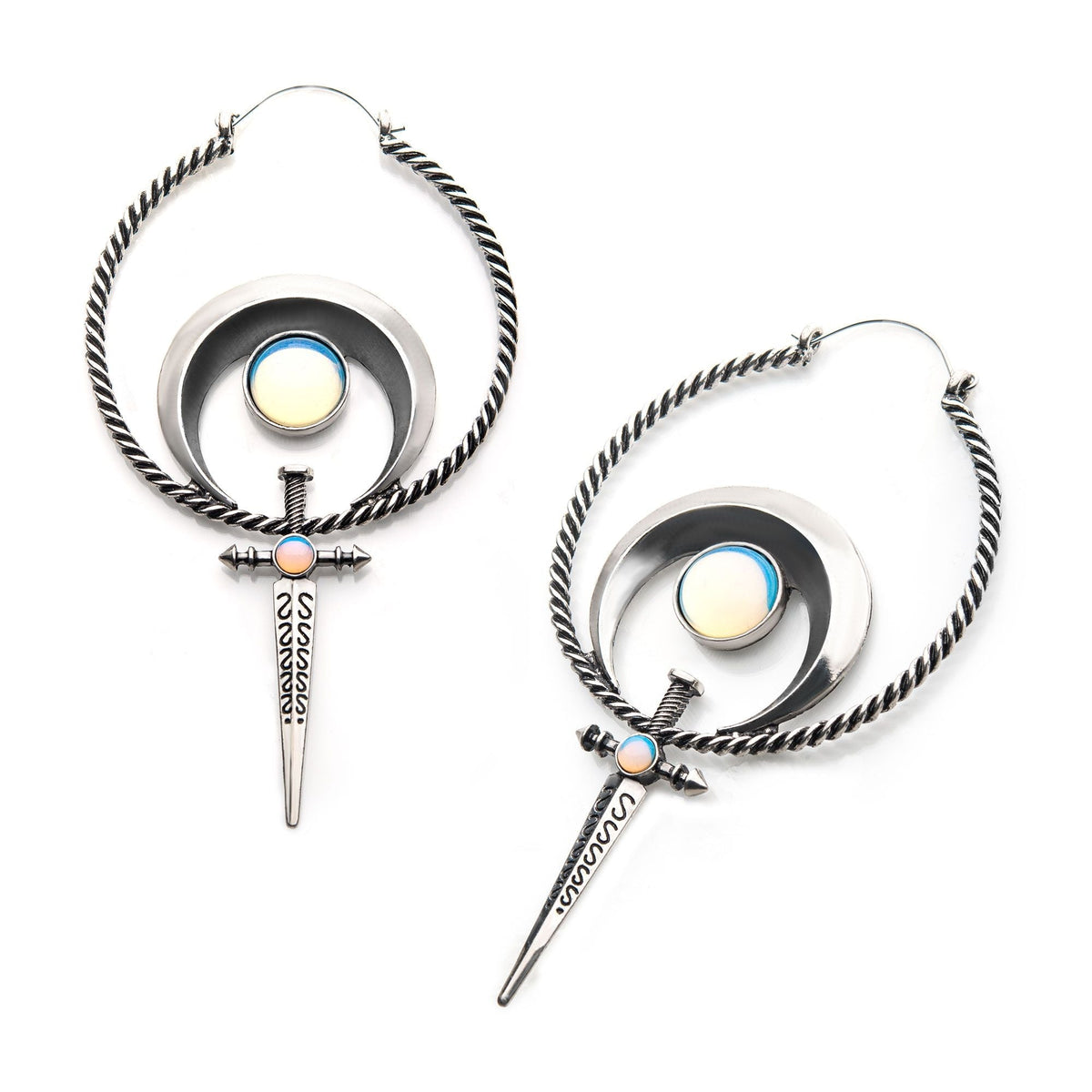 Tapers - Hanging Stainless Steel White Opalite Silver Plated Moon Sword Plug Hoops -Rebel Bod-RebelBod