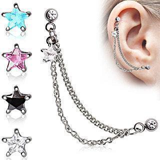 Cartilage Earring - Cartilage Chain Star 316L Surgical Steel Double Chained Cartilage Earring - 1 Piece -Rebel Bod-RebelBod