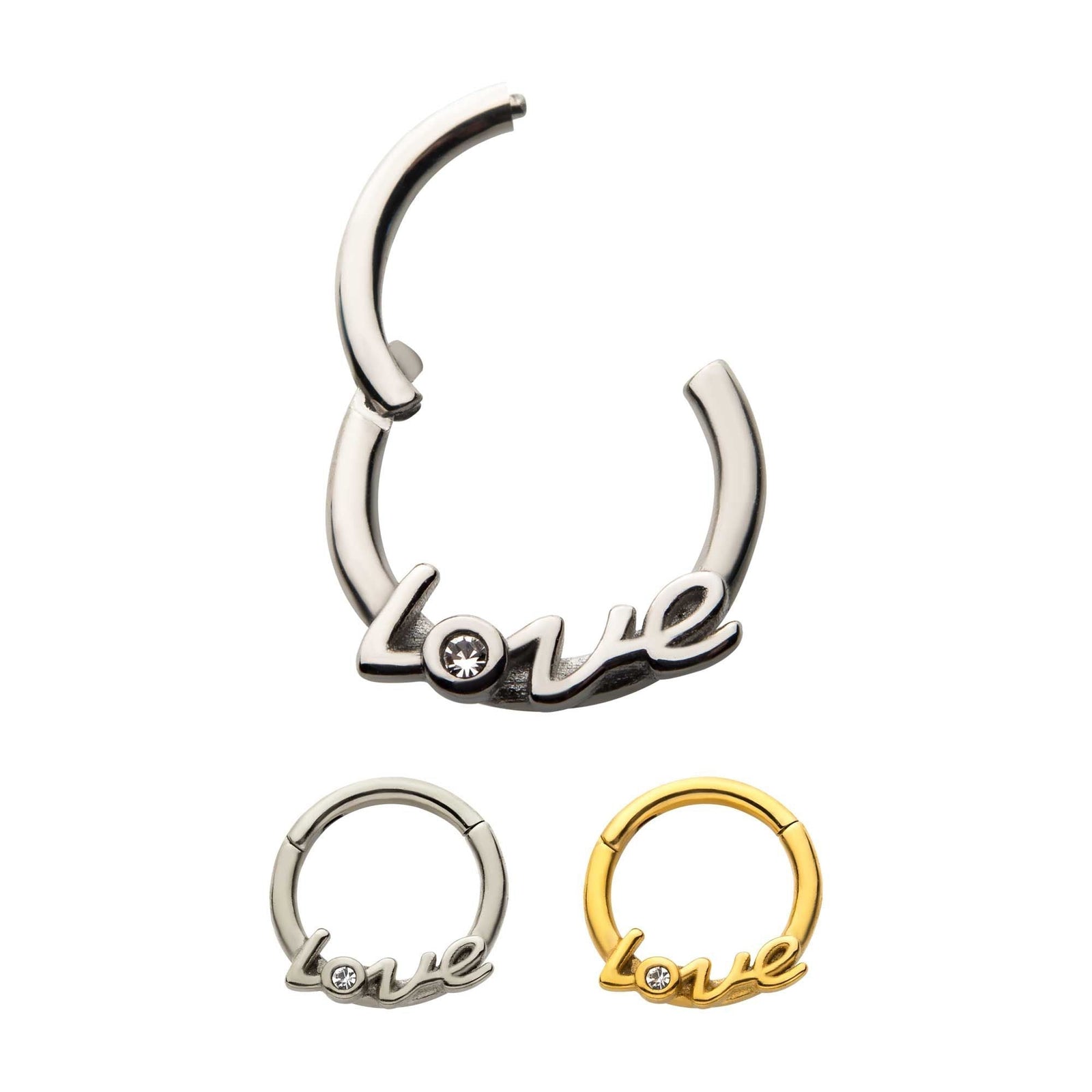 Clicker - Cartilage | Septum Steel 1 Bezel Set Clear CZ LOVE Hinged Segment Clicker - 1 Piece -Rebel Bod-RebelBod