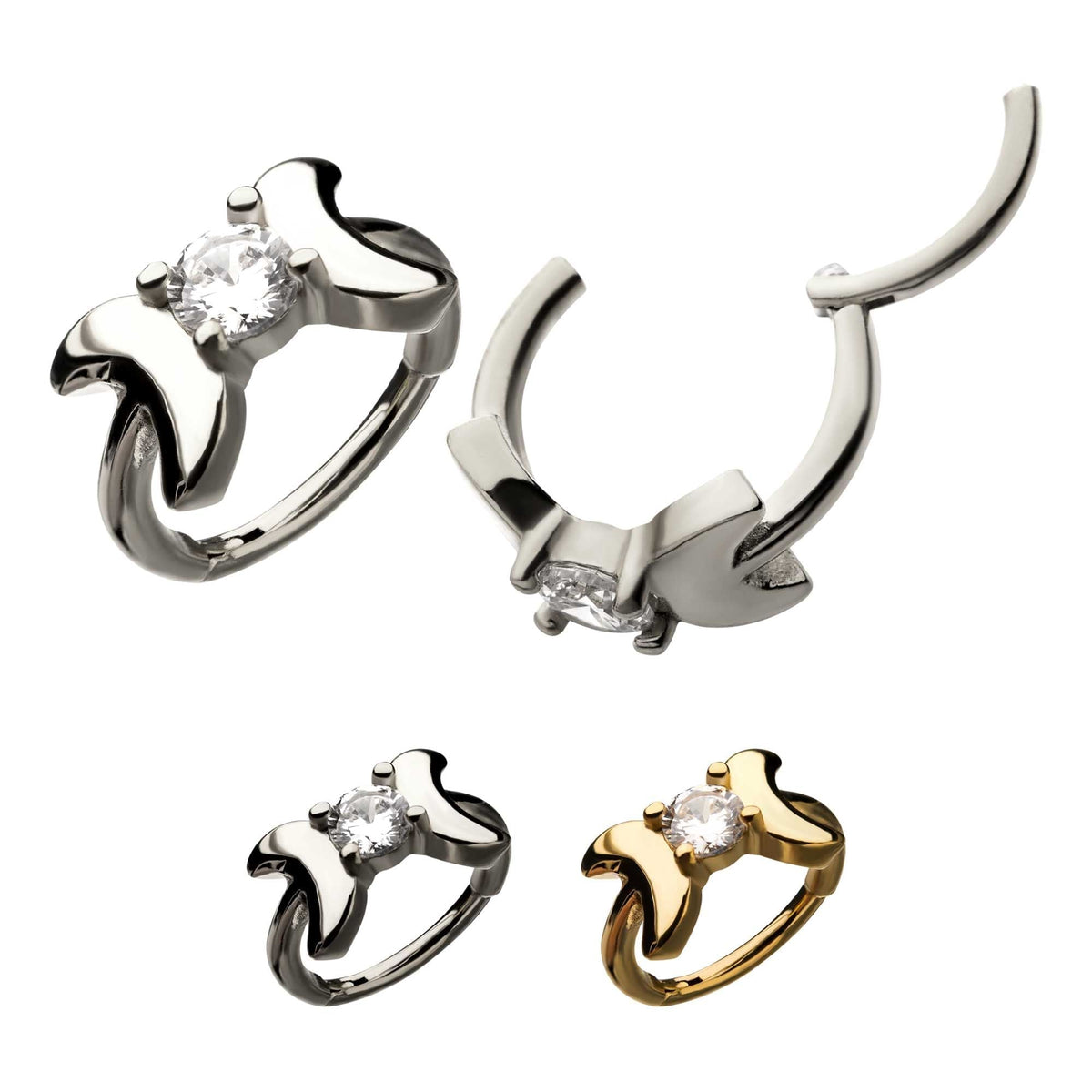 Clicker - Cartilage | Septum Steel 1 Prong Set Clear CZ Bow Hinged Segment Clicker - 1 Piece -Rebel Bod-RebelBod