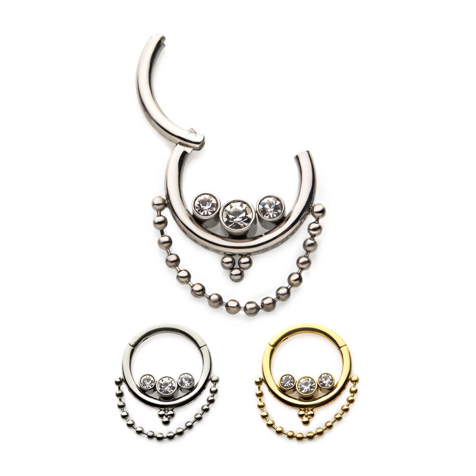 Clicker - Cartilage | Septum Steel 3 Bezel Set Clear CZ Dangle Chain Hinged Segment Clicker - 1 Piece -Rebel Bod-RebelBod