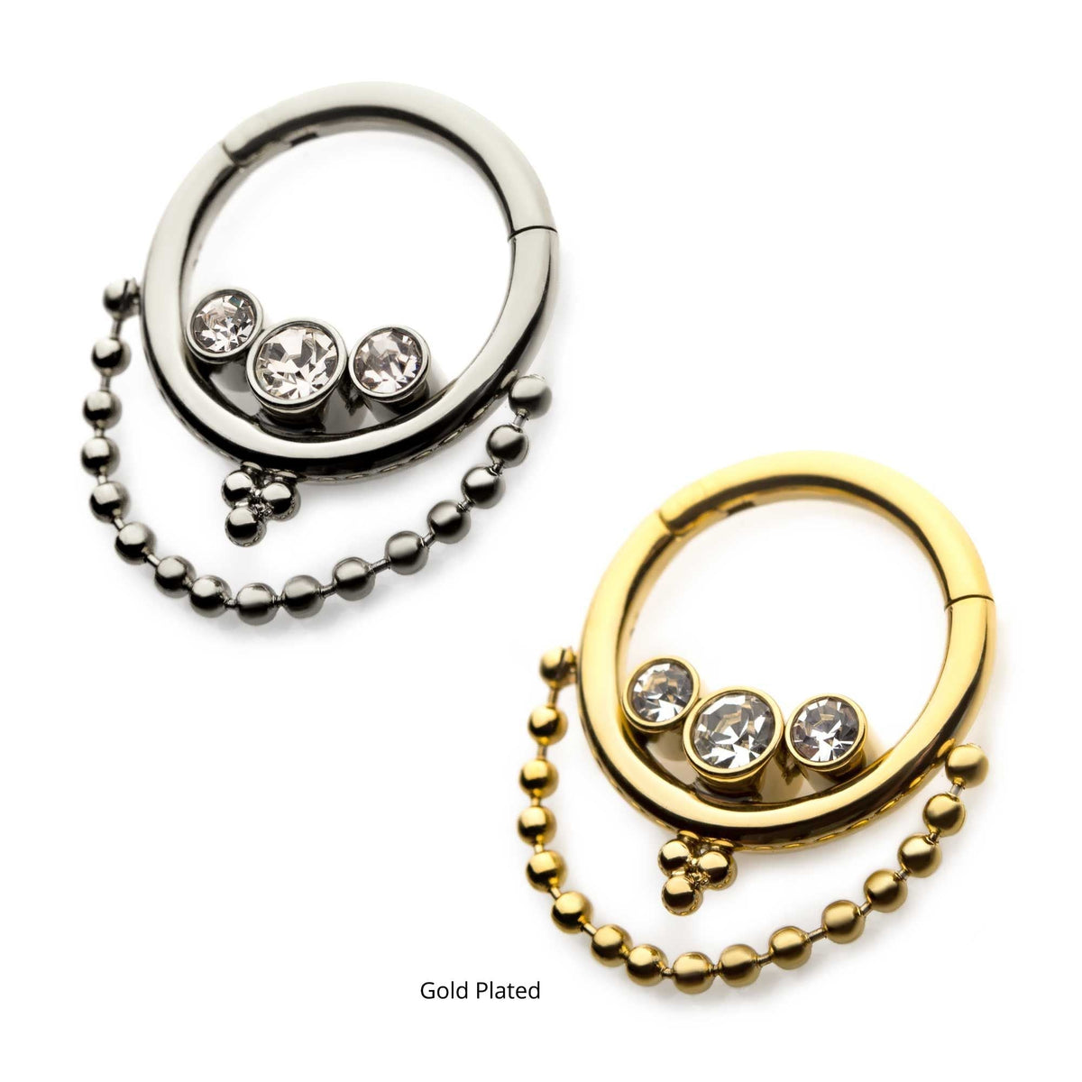 Clicker - Cartilage | Septum Steel 3 Bezel Set Clear CZ Dangle Chain Hinged Segment Clicker - 1 Piece -Rebel Bod-RebelBod