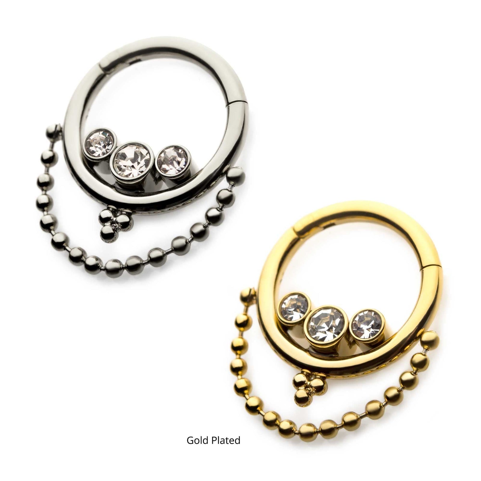 Clicker - Cartilage | Septum Steel 3 Bezel Set Clear CZ Dangle Chain Hinged Segment Clicker - 1 Piece -Rebel Bod-RebelBod