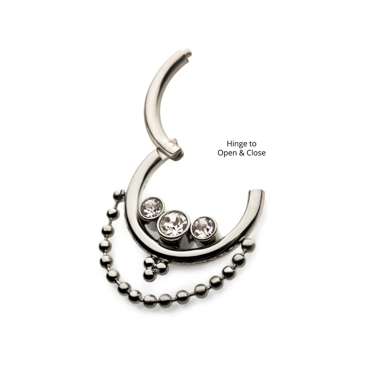 Clicker - Cartilage | Septum Steel 3 Bezel Set Clear CZ Dangle Chain Hinged Segment Clicker - 1 Piece -Rebel Bod-RebelBod