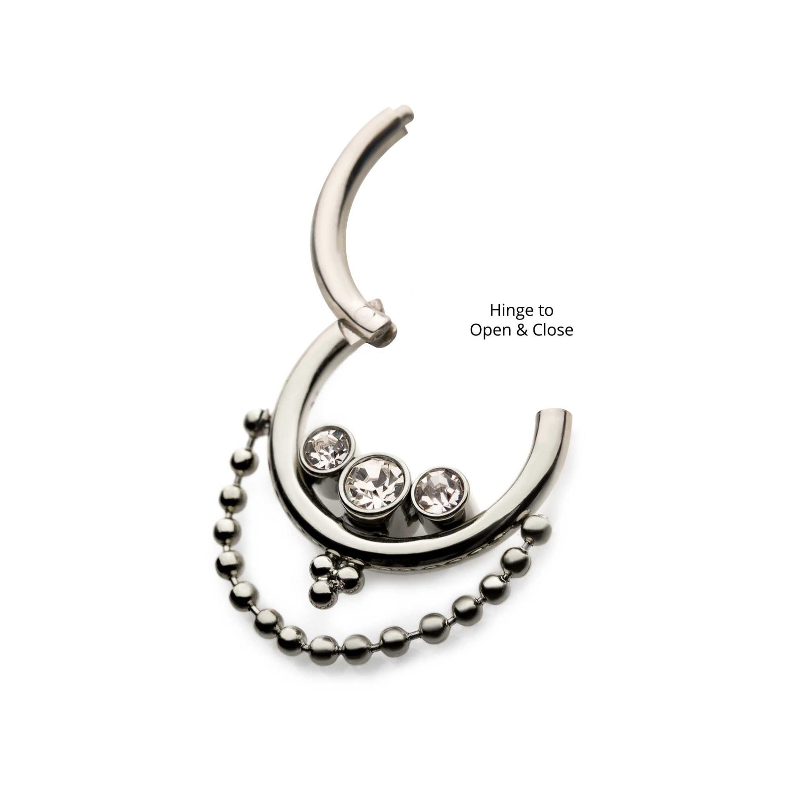 Clicker - Cartilage | Septum Steel 3 Bezel Set Clear CZ Dangle Chain Hinged Segment Clicker - 1 Piece -Rebel Bod-RebelBod