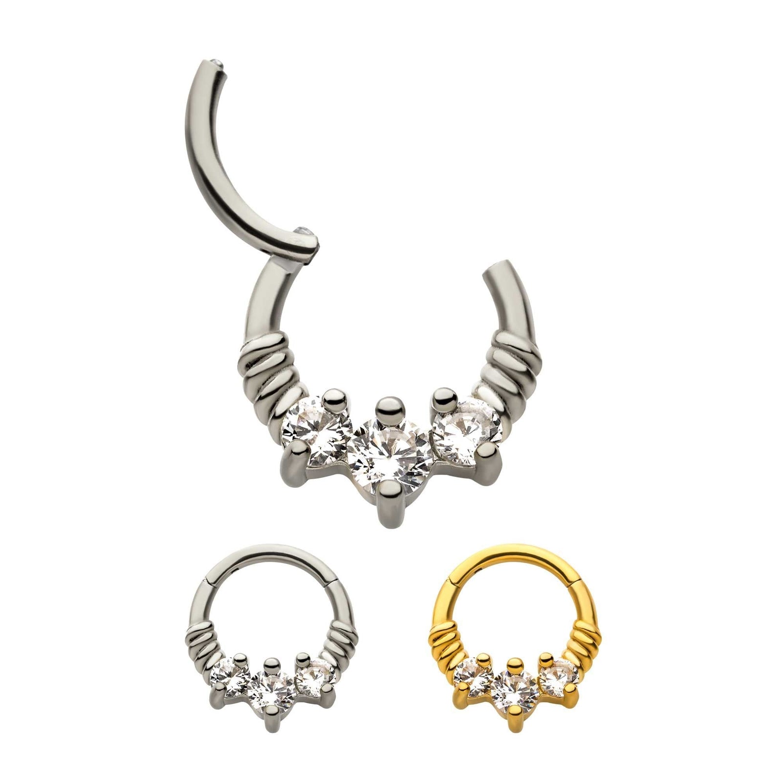 Clicker - Cartilage | Septum Steel 3 Prong Set Clear CZ Hinged Segment Clicker - 1 Piece -Rebel Bod-RebelBod